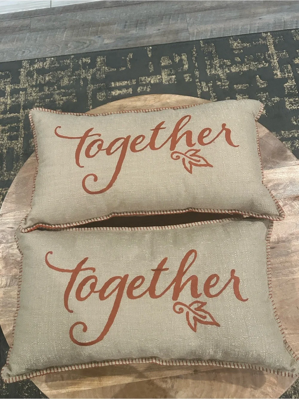 2-Beige/Burnt Orange Embroidered 'Together' Accent Pillows w/ Corduroy Backing
